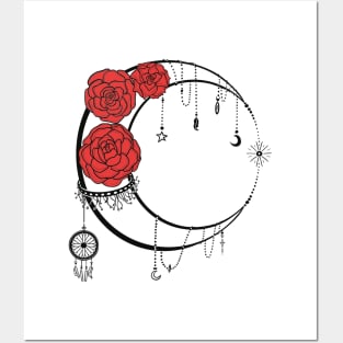 Light Moon With Black Lines Red Roses Tattoo Posters and Art